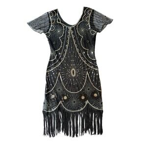 Yessa Flapper Dress‎ Women L Black NEW 1920s Gatsby Sequin Fringe Art Deco Party